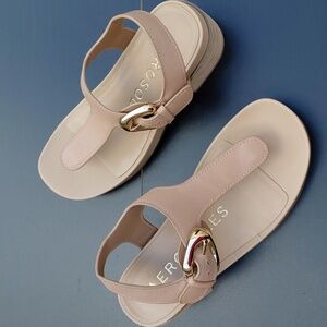 AEROSOLES Women's California   Beige Leather  Sandals with Gold Buckle - 5.5M